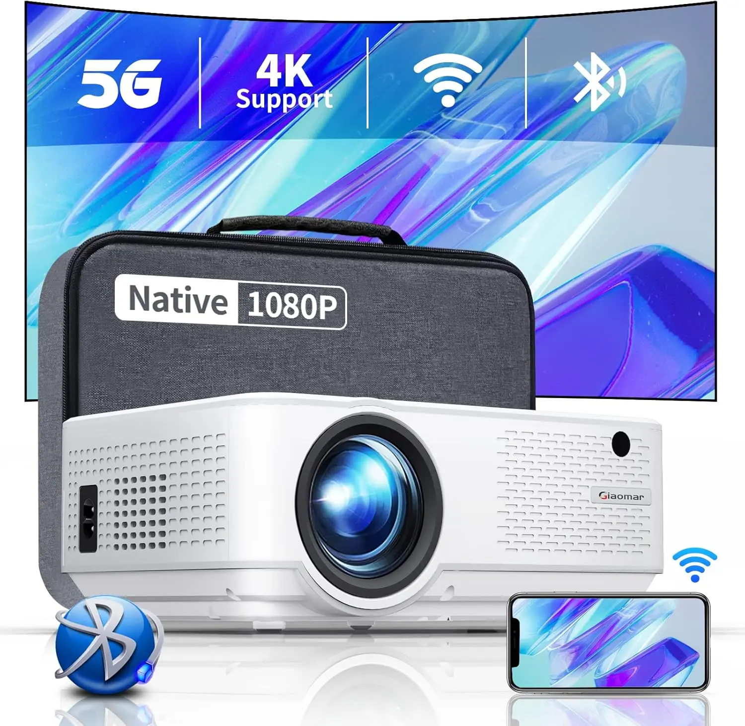 DATASHOW PROJECTEUR GIAOMAR C9 WIFI 5G BLUETOOTH 13000LUX 375ANSI ADJUSTABLE 300 POUCE WHITE FULL HD